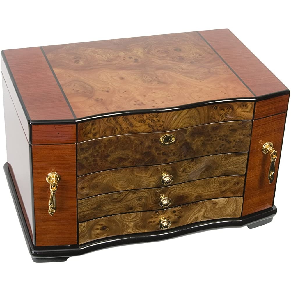 Jewelry Chest African Bubinga Wood and Italian Elm Burl Inlay Lacquered Fully Lined Fully Locking JJB752 - BP4SY62GR