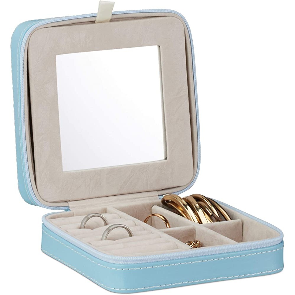 Relaxdays Light Blue Box with Mirror Faux Leather Jewellery Organiser Armoire with Zipper Velvet 4.8 x 13 x 13 cm - BDL9CQZDS