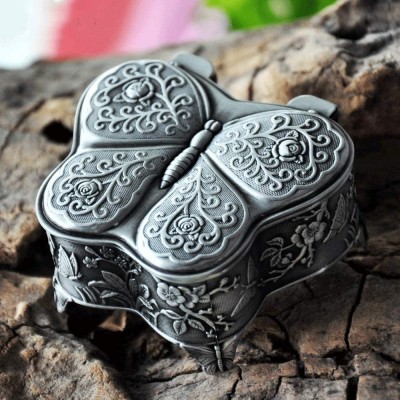 Slivy Butterfly Vintage Jewelry Treasure Chest Box -Antique Plated Tin Zinc Alloy Trinket Case Floral Engraved Earrings Necklace Ring Holder Keepsake Gift Box for Girls Women - BUR3KSB3N