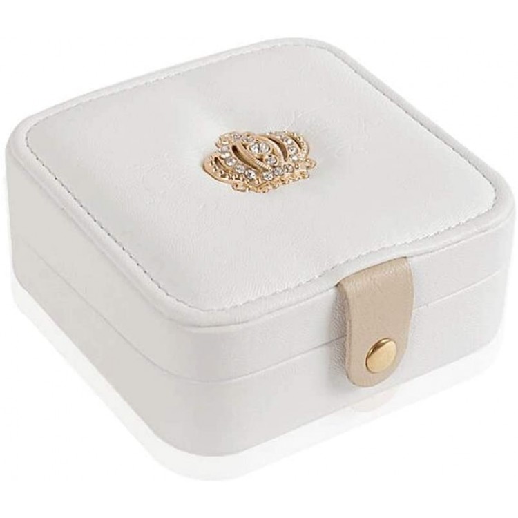 Slivy Crown Double Layer Jewelry Box Travel Trinket Organizer with Mirror Mini Necklace Earring Rings Bracelet Holder PU Leather Treasure Display Tray Storage Case for Women Color : White - BEO9AGCO3