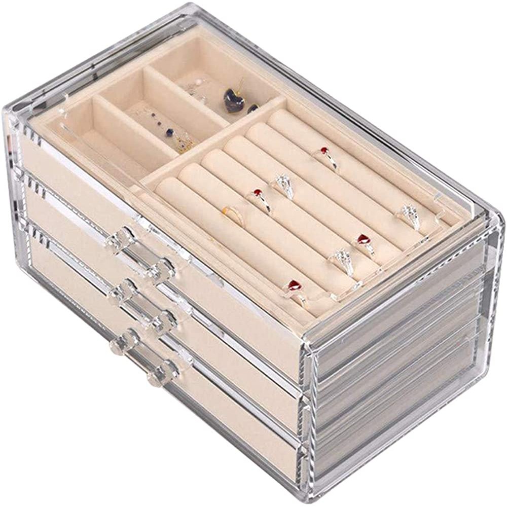 Yodio Clear Acrylic Jewelry Storage Case with 3 Drawers Velvet Jewelry Organizer for Earring Bangle Bracelet Necklace Jewelry Box for Women - B7VAFOGKH