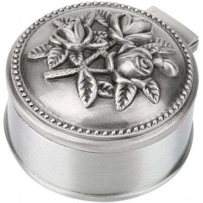 Zinc Alloy Jewelry Box,Vintage Flower Carved Round Shape,Mini Travel Jewelry Organizer Case Silver - B8W0HV7FY