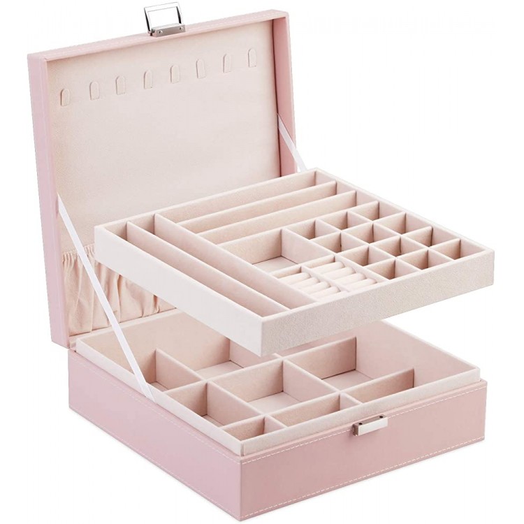 A&A Large Jewelry Storage Organizer Box 2 Layers Combined Storage Case with Buckle Pink - BBI0XZ3PH