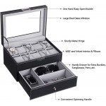 BEWISHOME Watch Box Organizer with Valet Drawer Real Glass Top Metal Hinge Large Holder Black PU Leather 10 Slots Watch Storage Case Jewelry Box for Men SSH14B - BEWFPDAS5