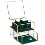 Clear Glass Jewelry Box with Drawers and Green Velvet Compartments Gold Display Case 5.5 x 6.1 In - BBOT7MEKH