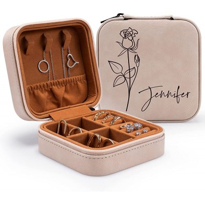 Custom Leather Jewelry Box w  Name & Birth Flower Month Birthday Gifts for Women Personalized Jewelry Travel Case Customized Jewelry Organizer Box Mom Birthday Gifts Rose - BWWUF3MI0