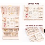 DEZZIE Women's Jewelry Box Senior PU Leather 3 Layer Medium Sized Jewelry Storage Box with Lock. Portable Travel Jewelry case for Earrings Bracelets Rings-Light pink - BNWCD8WJV