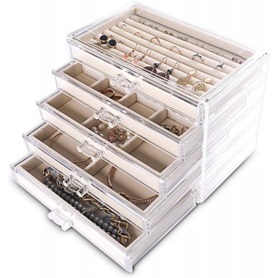 Frebeauty Extra Large Acrylic Jewelry Box for Women 5 Layers Clear Jewelry Organizer Velvet Earring Box with 5 Drawers Rings Display Case Necklaces Holder Tray for Women Girls Beige - BD2ZJ6J4C