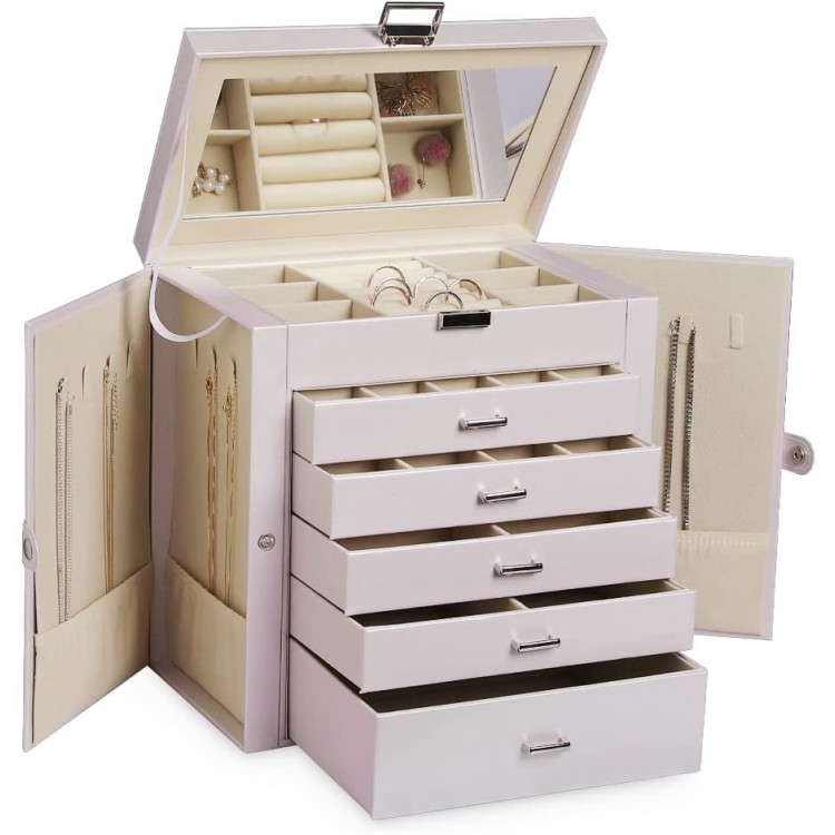 Frebeauty Large Jewelry Box,6-Tier PU Leather Jewelry Organizer with Lock,Multi-functional Storage Case with Mirror,Accessories Holder with 5 Drawers for Earrings Necklace Bracelets Watches and Sunglasses for Women GirlsPearl White - BKXGDWAVC