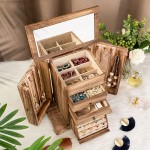 Honiway Jewelry Box for Women with 6 Compartments and Mirror Rustic Wooden Jewelry Organizer Box for Necklace Bracelet Earring Ring Carbonized Black - B9I0D5QGC