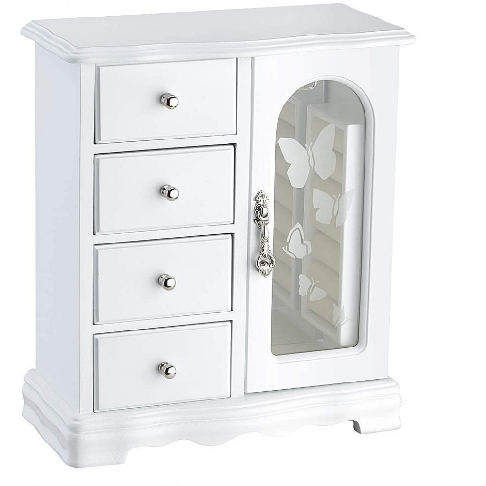 Jewelry Box Made of Solid Wood with 4 Drawers Organizer and Built-in Necklace Carousel and Large Mirror White - BOBR4B8GD