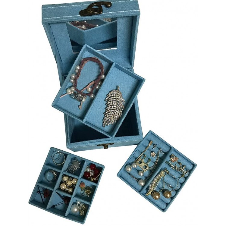 Jewelry Box Organizer Women Girls 3 Inner Plates Necklaces Rings Earrings Display Storage case Vintage Metal Lock Handle Blue - BW1732E9B