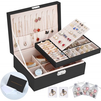 Jewelry Boxes for Women Girls 2 Layers Jewelry Organizer Box leather Jewelry Case with Lock Jewelry Storage Box Removable Tray for Necklace Earring Ring with Polishing Cloth and 5 PCS Jewelry Bags - BGZHW4E5V