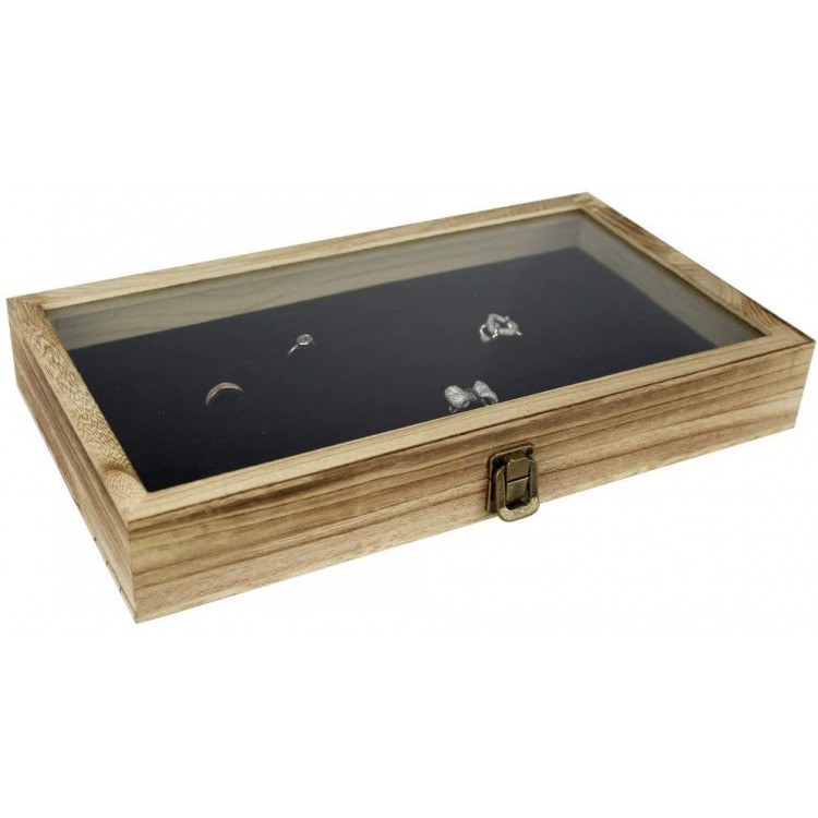 Mooca Wood Glass Top Jewelry Display Case Wooden Jewelry Tray for Collectibles Home Organization Storage Box with 72 Slot Compartments Black Ring Tray Oak Color - BFAFUV5Q5