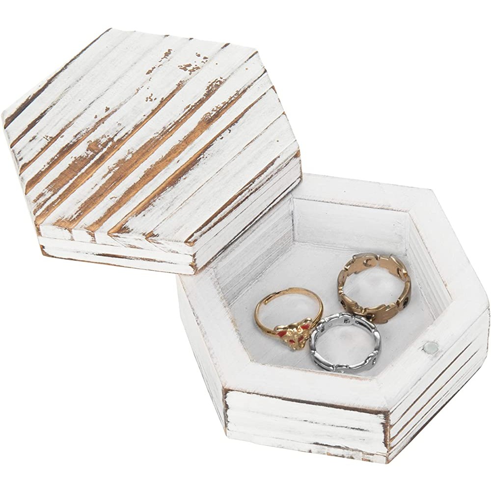 MyGift Whitewash Wood Ring Box for Wedding Ceremony Small Trinket Jewelry Box - B78A18EPW