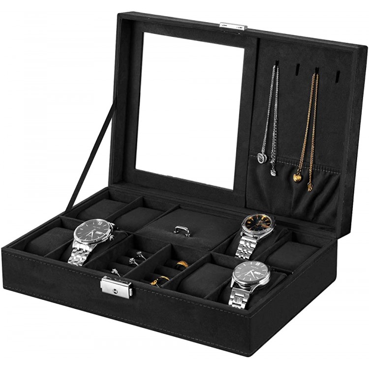 Oyydecor Jewelry Box Watch Box Organizer 8-Slot Storage Watch Organizer Case Jewelry Display Case Organizer with Mirror Black - B4J284PPK