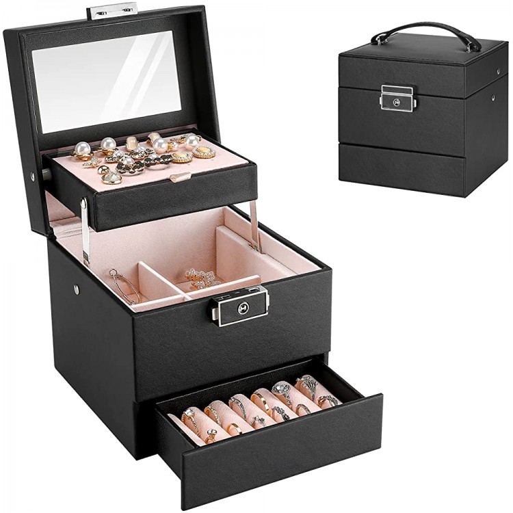 ProCase Jewelry Box for Girl Women Traveling Ideal Gift Small 3 Layers Jewelry Organizer Display Storage Holder Case with Mirror Lock for Earrings Rings Necklaces Bracelets -Black - B81RA8O4X