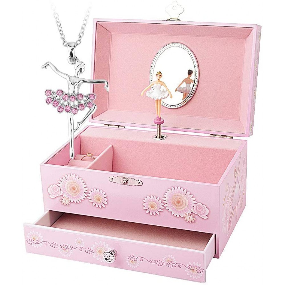 RR ROUND RICH DESIGN Kids Musical Jewelry Box for Girls with Drawer and Jewelry Set with Ballerina Theme Swan Lake Tune Pink - BUP9ACAOX