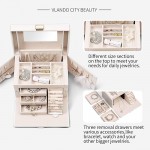 Vlando Jewelry Organizer Box for Women Medium Leather Jewelry Storage Case Mirrored Watch Necklace Ring Earring Storage Gift for Girl Women and Mom White - B8UA6D2XN
