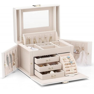 Vlando Jewelry Organizer Box for Women Medium Leather Jewelry Storage Case Mirrored Watch Necklace Ring Earring Storage Gift for Girl Women and Mom White - B8UA6D2XN