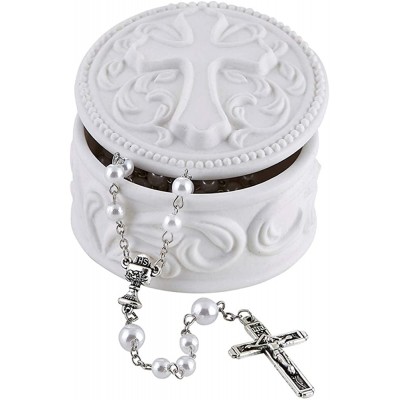 White Porcelain Cross Rosary Jewelry Box 2 3 4 Inch - BFJ8TOO8D