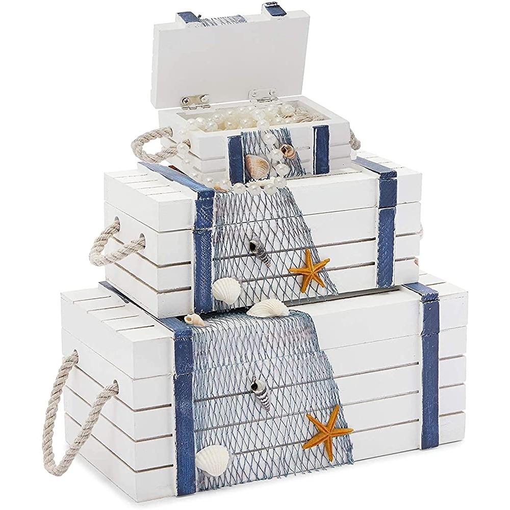 Wooden Jewelry Boxes Nautical and Beach Decor in 3 Sizes 3 Pieces - B6A609TOE