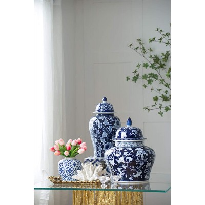 A&B Home 18" Porcelain Decorative Jar with Lid Blue White Floral Print Vase Ginger Jar Centerpiece Decor - B2391O3SS