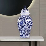 Blue and White Ceramic Ginger Jar Chinoiserie Floral Hexagon Porcelain Vases with Lid Vintage Large Temple Jar Decorative Jar for Home Decor and Events - BIHFGR0LF