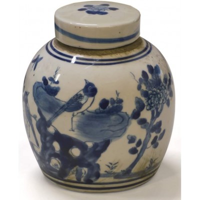 ChinaFurnitureOnline Blue and White 4.5in Porcelain Flower and Bird Small Oriental Jar with Lid - BM4CF6DYL