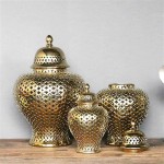 Danai Traditional Pierced Ginger Jar with Lid Carved Lattice Decorative Jar Ceramic White Ginger Jars for Home Decor.-S||Gold - BCWORR6AO