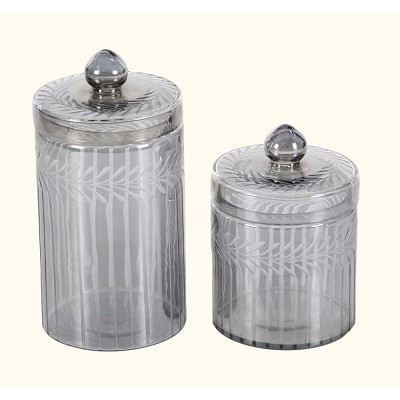 Deco 79 24692 Etched Glass Decorative Jars Set of 2 Gray - B6TSSU5RO