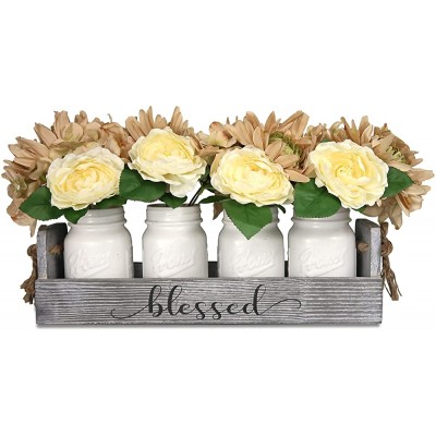 Dining Table Centerpieces Farmhouse Floral Wood Tray Modern Centerpieces with 4-White Mason Jars & Flowers for Dining Room Kitchen Living Room Gift - BN8WJR7W7