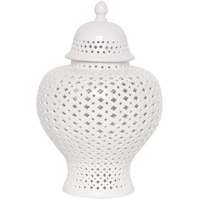Eudatrwe Decoration Ginger Jar with Lid Hollow Out Ceramic Jar Carved Lattice Decorative Temple Jar Pierced Lantern Vase Ginger Jars for Home Decor,White,27.5cm - BSS7FN8DQ
