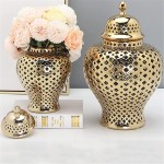 Ginger Jar Carved Lattice Decorative Temple Jar Ceramic White Ginger Jars for Home Decor Color : Gold Size : Small - BO2H9HH4I