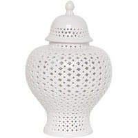 JUDRR Traditional Chinese Ceramic Ginger Jar Carved Lattice Decorative Temple Jar Carthage Pierced Covered Lantern with Lid,Small - BXF90VVHI