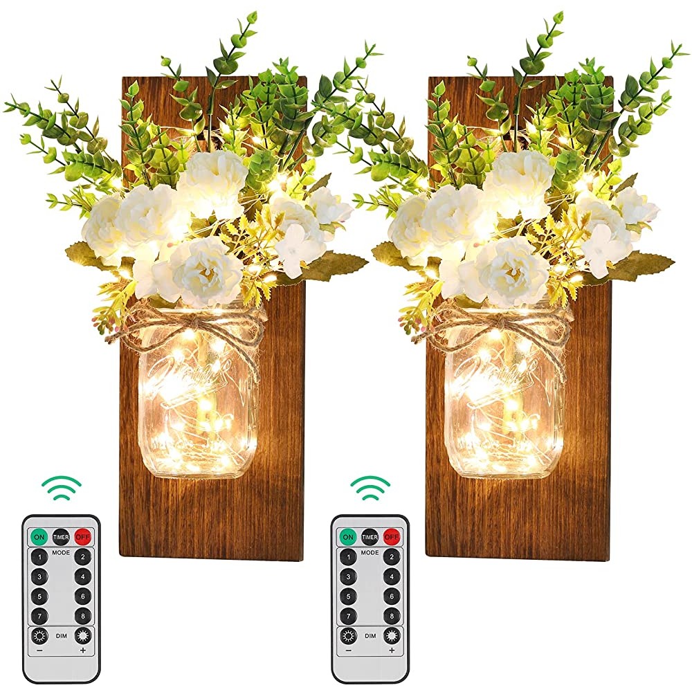 Lewondr Mason Jar Sconces Wall Decor Set of 2 Handmade Vintage Hanging Wall Sconce Decorative Fairy Lights with Flowers Remote Control Lights for Farmhouse Kitchen Living Room Peony+Brown Board - BS358ZUZK