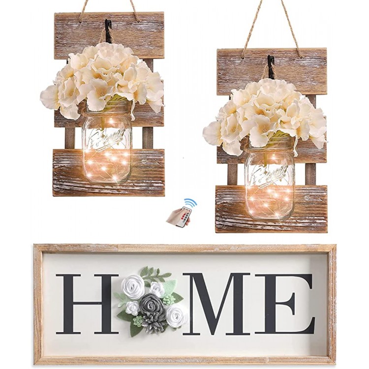 Rustic Brown Mason Jar Sconces for Home Decor Decorative Chic Hanging House Decor Horizontal Wooden Signs for Home Decor Painted Letters with Wreath Wood Framed Sign - BEB1XXIMV