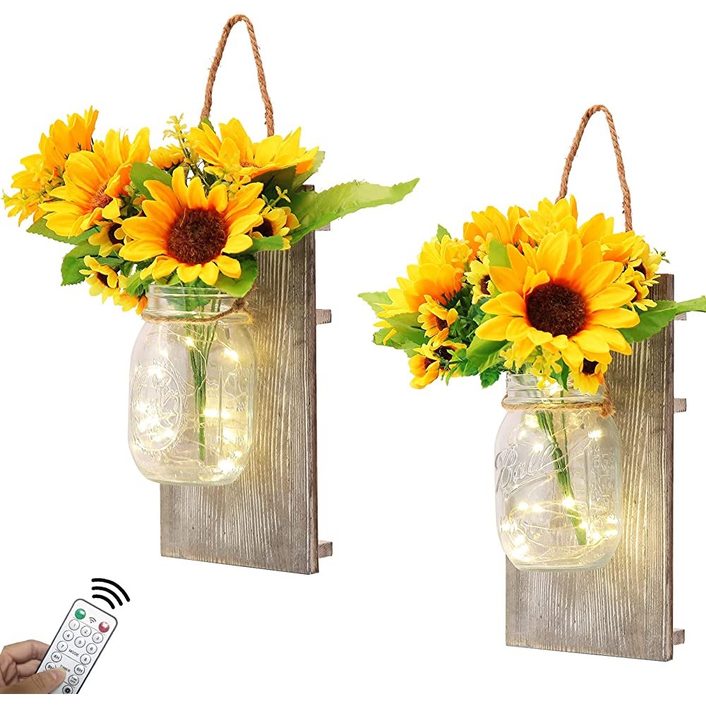 Rustic Mason Jar Wall Decor Sconces Kitchenexus Decorative Mason Jar with Remote Control LED Fairy Lights and and Sun Flowers Farmhouse Home Decorations Wall Decor Living Room Lights Set of Two - BDPRR9M9C
