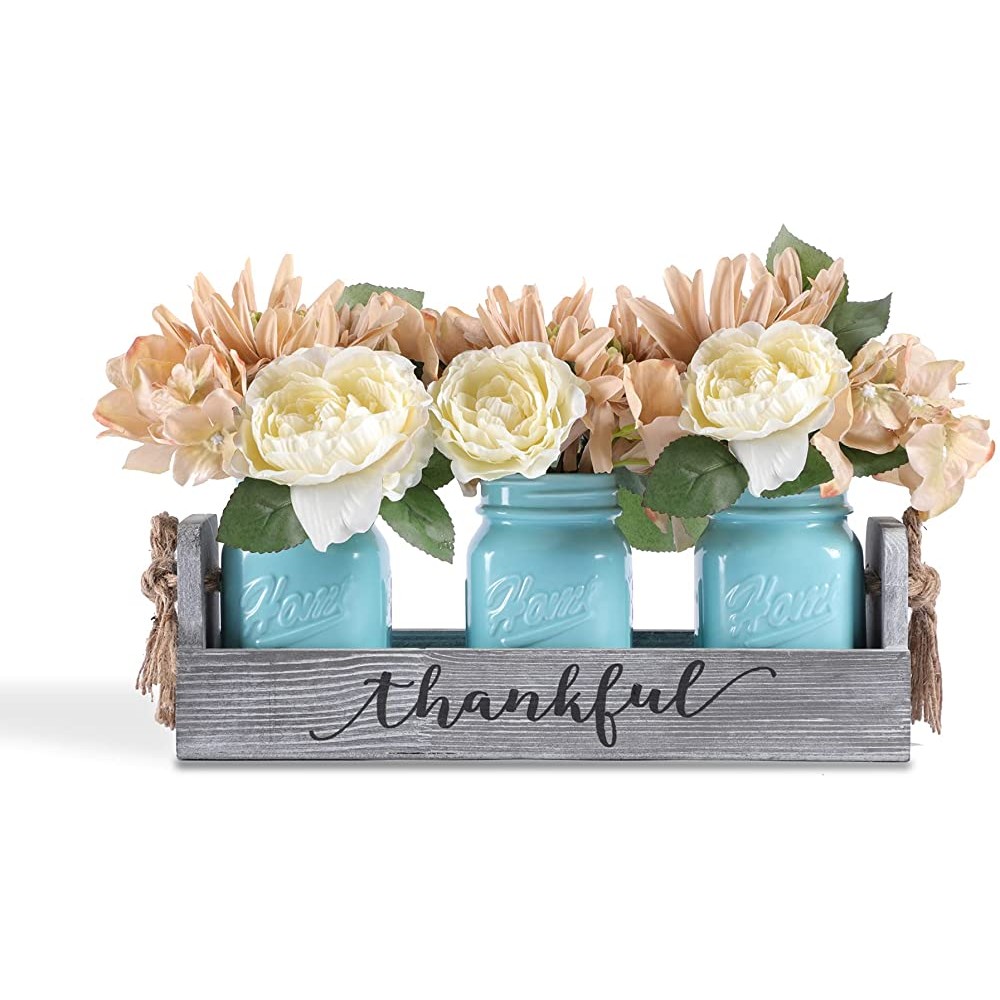 SDLYSW Mason Jar Centerpiece Decorative Wood Tray with 3 Painted Jars Artificial Flowers Rustic Country Farmhouse Home Decor for Herb Plants Coffee Table Dining Room Living Room Kitchen Blue - BWF2KAPIW