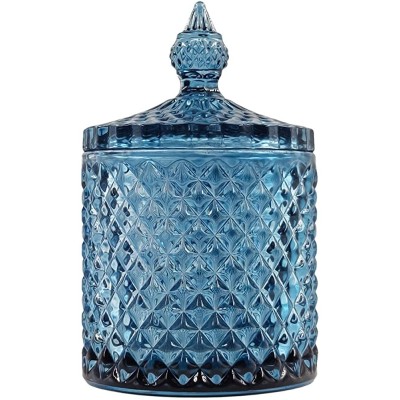 Sizikato Diamond Faceted Crystal Glass Candy Jar with Lid Blue Decorative Jar Jewelry Box Cotton Swab Storage Holder. - BBSIUWA00