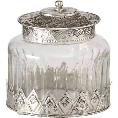 The Grand Tour Glass Storage Jar Iconic Palmette Patterned Metal Knob Top Clad Bottom Textured Glass 4 ¾ Inches Diameter x 5 Inches Tall by Whole House Worlds - BWH8N8U67