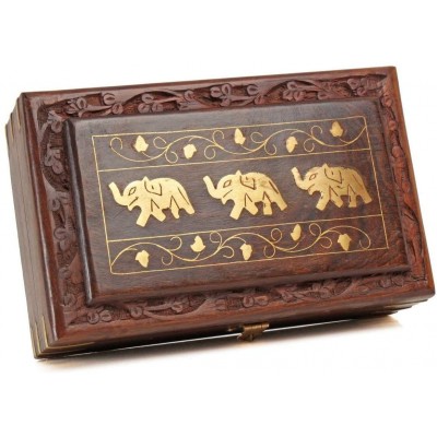 Ajuny Wooden Jewellery Keepsake Storage Box With Hand Carved Floral Design And Brass Inlay On Lid Decorative Gifts - BG34FITI1