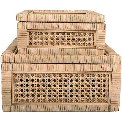 Creative Co-Op Cane and Rattan Glass Lid Set of 2 Display Boxes Natural - B3QAD34WD