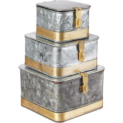 Creative Co-Op DF2376 Decorative Galvanized Lids & Brass Accents Set of 3 Sizes Metal Boxes Silver - BHXKJON8U
