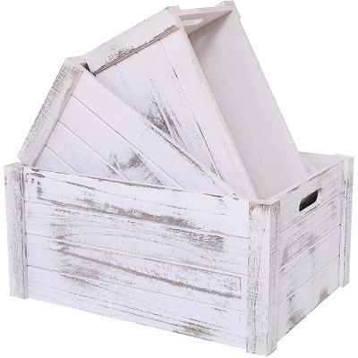 Farmhouse Antique White Wooden Crates For Storage,Rustic Decorative Boxes,Set Of 3 Extra Large Nesting Wooden Storage Crates For Home Decor,Handmade Natural Solid Wood Box Wooden Storage Boxes For Milk,Toys,Towel,Wine,etc. 15 x 11 x 7inches Rustic White -