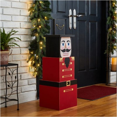 glitzhome 36" H Wooden Block Nutcracker Porch Decor Wooden Decorative Nesting Block Set Porch Sign 3 Nesting Boxes with Lids for Christmas Holiday Decorations - BPPSIZGZD