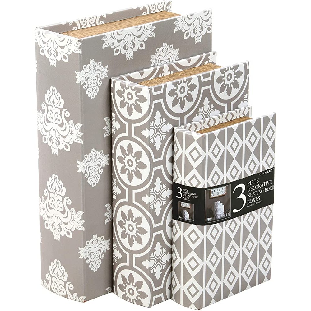 Hosley Storage Memory Book Box Set 3 Gray White Farmhouse Large 12 Med 10 Small 8 High Ideal Gift for Wedding Memories Jewelry Trinket Hobby Keepsake Cash Pill Polish Gifts Letter File Photo O6 - BECNEP6J7