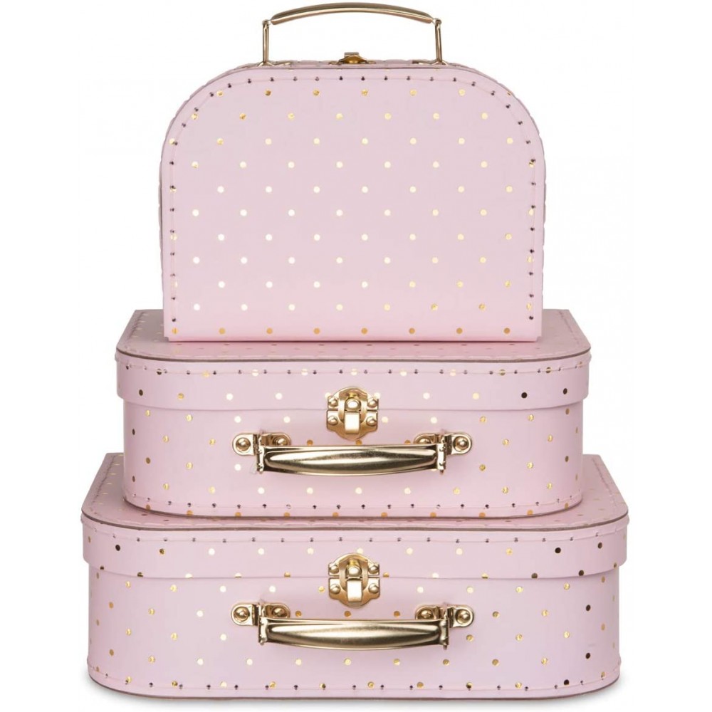 Jewelkeeper Paperboard Suitcases Set of 3 – Nesting Storage Gift Boxes for Birthday Wedding Easter Nursery Office Decoration Displays Toys Photos – Pink and Gold Dot Design - BCQ6R2EQF