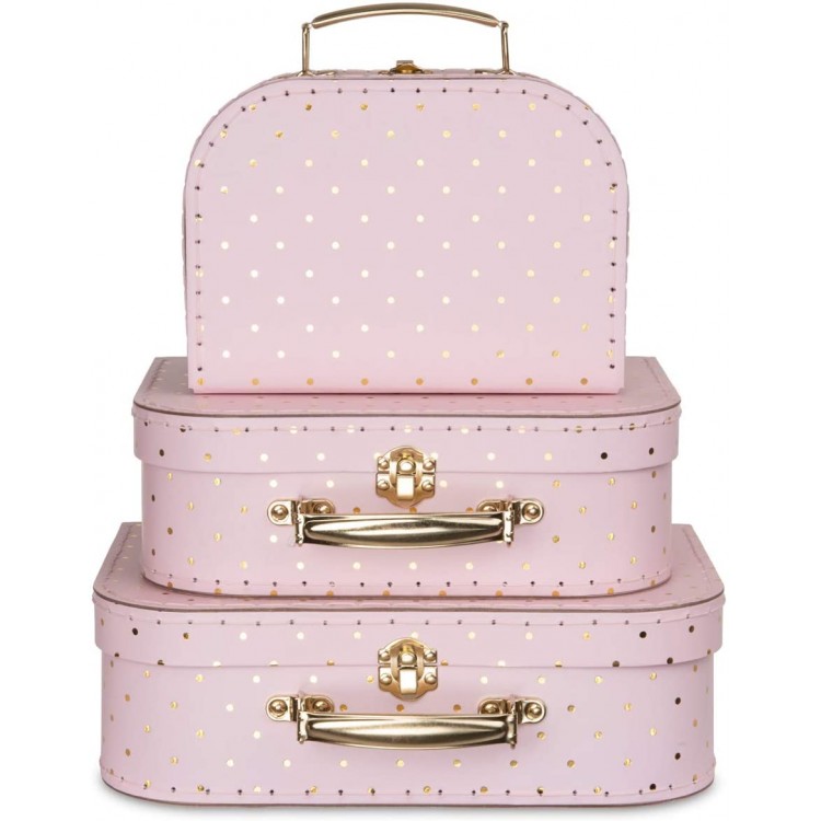 Jewelkeeper Paperboard Suitcases Set of 3 – Nesting Storage Gift Boxes for Birthday Wedding Easter Nursery Office Decoration Displays Toys Photos – Pink and Gold Dot Design - BCQ6R2EQF