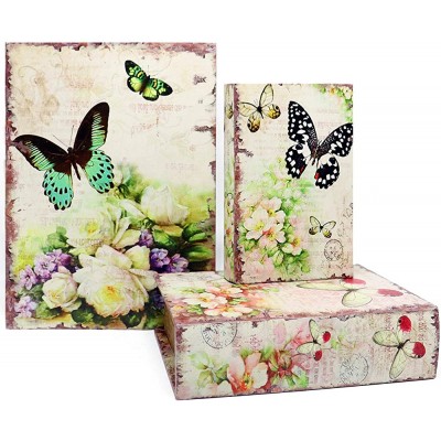 Jolitac Decorative Book Boxes World Map Pattern Antique Book Invisible Box with Magnetic Cover Faux Wood Set of 3 Storage Set Butterfly - BLAUQRKRG